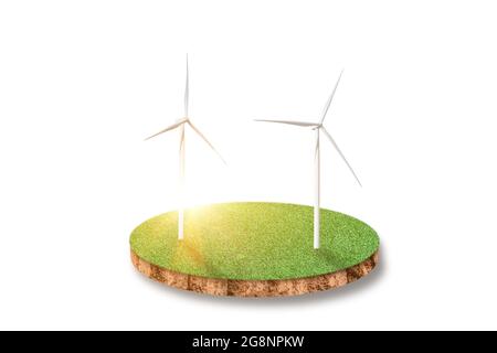 Cross section ground of green grass field with wind turbine Isolated on white Stock Photo