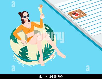 summer vacation, woman in swimming tube with cocktail Stock Photo