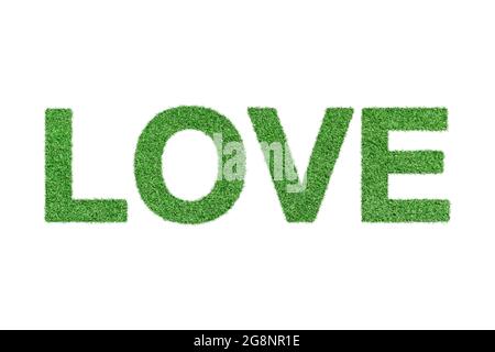 Word Love made from green grass isolated on white background. Stock Photo