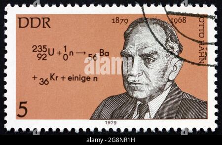 1994 – I5126 GERMANY - CIRCA 1979: a stamp printed in Germany shows Otto Hahn (1879-1968) and Equation of Nuclear Fission, was a German Chemiat, circa Stock Photo