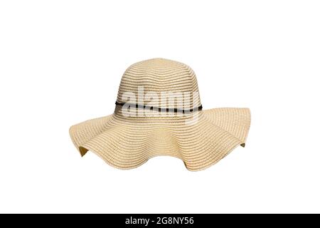 Vintage straw hat fashion for women isolated on white background. Beach hat from a side view. Stock Photo