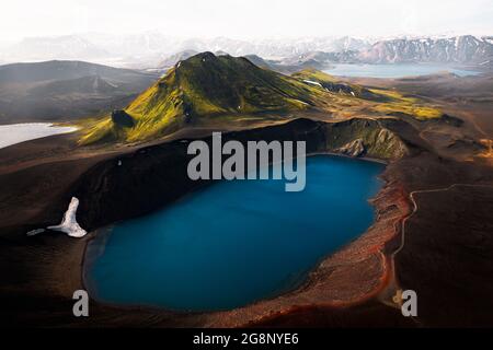 Famous Bláhylur crater lake in Fjallabak Nature Reserve. Stock Photo