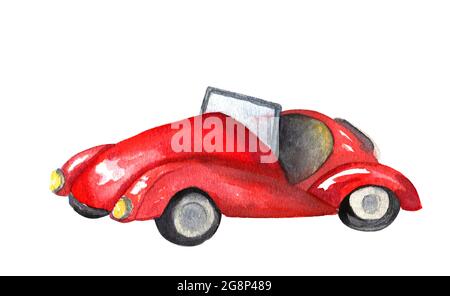 watercolor hand draw red retro cabriolet car  Stock Photo