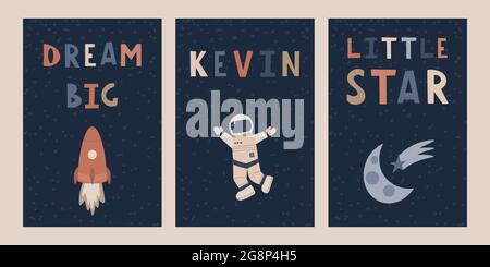 Set of cute space baby cards in cartoon style. Cartoon kids clipart for baby poster. Stock Vector