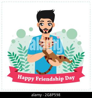 Poster of Happy Friendship Day. A boy holds the cat in his hand and celebrates Friendship Day Stock Vector