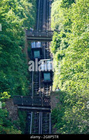 Lynton and Lynmouth Cliff Railway In North Devon England UK is the only fully water powered railway in the UK. Stock Photo