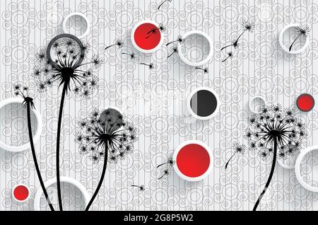 Black Dandelion And 3d Circles Wallpaper For Wall Decor, 3d Illustrations Stock Photo