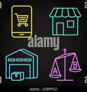 Neon shopping and product choice icon set in line style. Vector illustration. Stock Vector