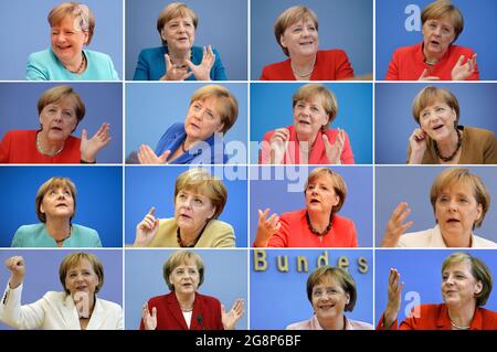 Berlin, Germany. 22nd July, 2021. The picture combo shows German Chancellor Angela Merkel (CDU) during her traditional federal press conference in the summer in Berlin (top left - bottom right) from 2021 to 2006. Credit: -/dpa/Alamy Live News Stock Photo