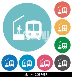 Train station flat white icons on round color backgrounds Stock Vector