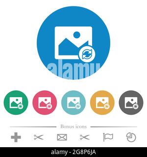 Refresh image flat white icons on round color backgrounds. 6 bonus icons included. Stock Vector