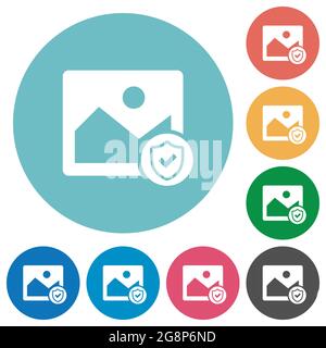 Protected image flat white icons on round color backgrounds Stock Vector