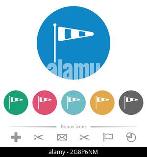Windsock indicator solid flat white icons on round color backgrounds. 6 bonus icons included. Stock Vector