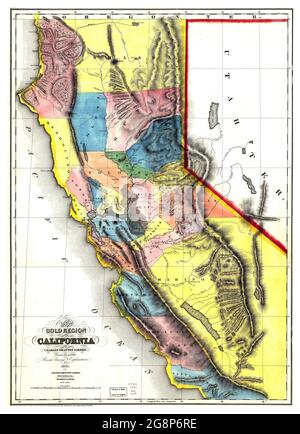 Click On Vintage Birds eye view map of Gold Regions of California (1851) Stock Photo
