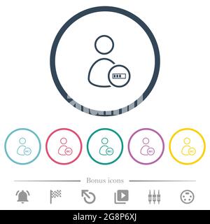 User processing outline flat color icons in round outlines. 6 bonus icons included. Stock Vector