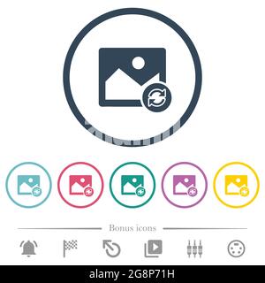 Refresh image flat color icons in round outlines. 6 bonus icons included. Stock Vector