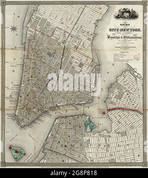 Click On Vintage Birds eye view map of Manhattan and Parts of Brooklyn (1840) Stock Photo