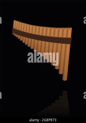Panpipes, pan flute on black background. Ancient, rural woodwind musical instrument with pipes of different lengths. Stock Photo