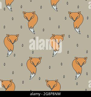 Seamless vector pattern with fox on light grey background. Simple animal wallpaper design. Modern fashion textile. Stock Vector