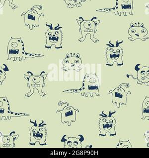 Seamless vector pattern with hand drawn monsters on blue background. Simple fun wallpaper design for children. Cute creature fashion textile. Stock Vector