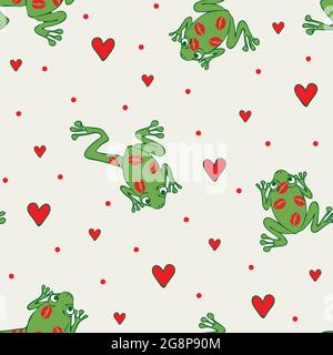 Seamless vector pattern with frog and love harts on white background. Valentines day kissing frog wallpaper design. Stock Vector
