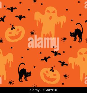Seamless vector pattern with cats and pumpkins on orange background. Simple Halloween wallpaper design with ghosts. Scary holiday fashion textile. Stock Vector