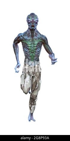 3d illustration of an alien with green and blue skin and eyes closed running forward. Stock Photo
