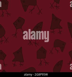 Seamless vector pattern with cartoon style birds on dark purple background. Funny hand drawn silhouettes of birds. Stock Vector