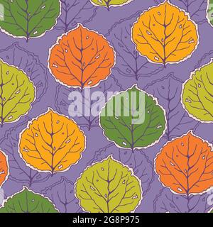 Seamless vector pattern with autumn leaves on purple background. Happy forest wallpaper design. Decorative seasonal fashion textile. Stock Vector