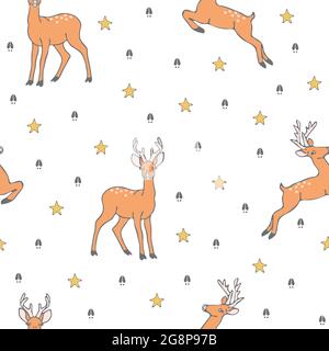 Seamless vector pattern with deer and stars on white background. Simple animal wallpaper design. Stock Vector