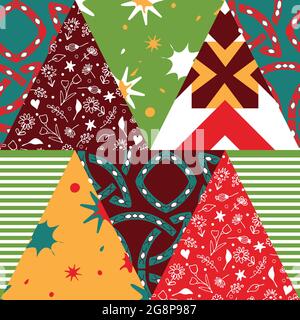 Seamless vector pattern with textured triangles colourful background. Decorative patchwork wallpaper. Gypsy quilt fashion textile. Stock Vector