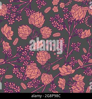 Seamless vector pattern with pink flowers on grey background. Romantic floral wallpaper design. Vintage blossom fashion textile. Stock Vector
