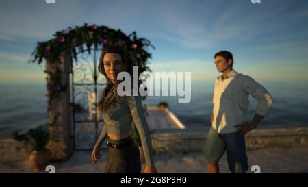 3D illustration of a woman walking away from a man near the seashore at sunset with a small patio on the background.