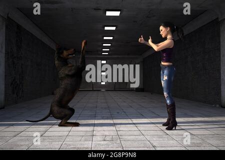 3d illustration of a young woman playing with her pet dog who is standing on hind legs with paws in the air in the early morning light at the entrance Stock Photo