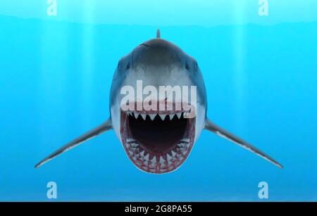 3d illustration of a great white shark with jaws open in attack mode swimming through blue ocean water. Stock Photo