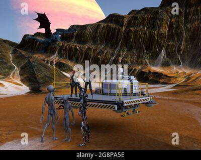 3d illustration of an extraterrestrial standing and a woman standing on a mining platform talking to two gray aliens and a large robot plus a flying d Stock Photo