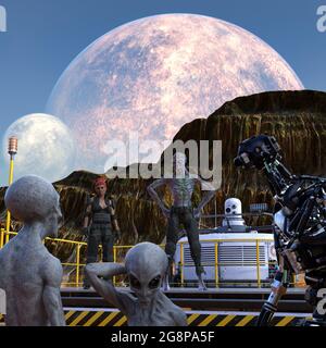 3d illustration of extraterrestrials a woman and a robot talking from a mining platform talking to other aliens on a world with moons rising above mou Stock Photo