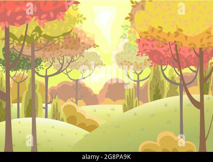 Forest. Funny beautiful autumn landscape. Distant horizon. Cartoon style. Hills with grass and red, yellow, orange trees. Cool romantic pretty. Flat Stock Vector