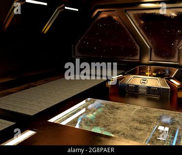 3d illustration of an empty room in a starship with space seen through foggy windows. Stock Photo