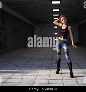 3d illustration of a young woman with her hand behind her head at the entrance of a subway tunnel in early morning light.