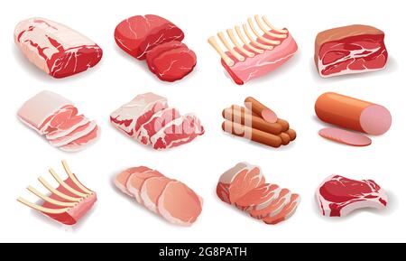 Set of meat products in flat style, cooking, delicacies. Stock Vector