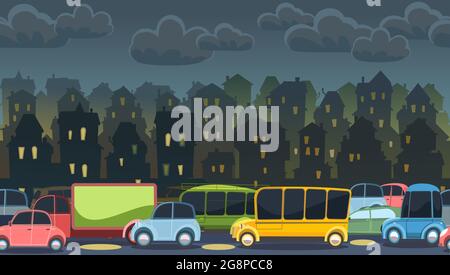 Heavy traffic on road. Seamless horizontal cartoon illustration. Asphalt path. Summer landscape. Different cars in comic style. Vector Stock Vector