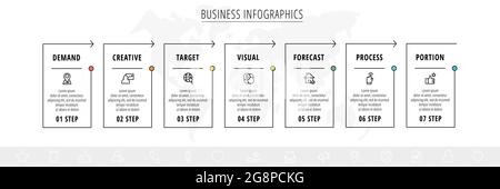 Line minimal infographics timeline with 7 steps rectangle elements. Chart process template with arrows. Modern vector for company or corporate busines Stock Vector