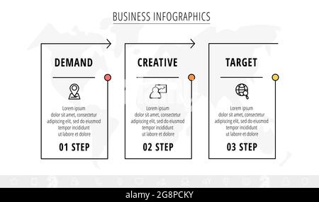 Line minimal infographics timeline with three steps rectangle elements. Chart process template with arrows. Modern vector for company or corporate bus Stock Vector