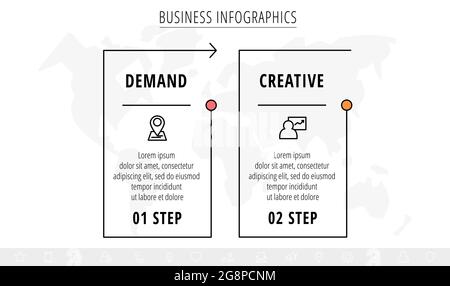 Line minimal infographics timeline with 2 steps rectangle elements. Chart process template with arrows. Modern vector for company or corporate busines Stock Vector