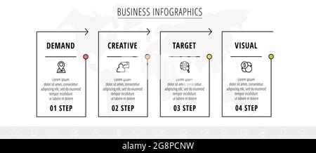 Line minimal infographics timeline with four steps rectangle elements. Chart process template with arrows. Modern vector for company or corporate busi Stock Vector