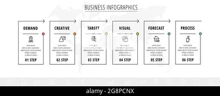 Line minimal infographics timeline with 6 steps rectangle elements. Chart process template with arrows. Modern vector for company or corporate busines Stock Vector