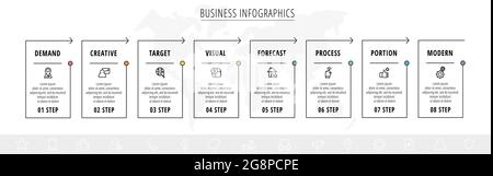 Line minimal infographics timeline with eight steps rectangle elements. Chart process template with arrows. Modern vector for company or corporate bus Stock Vector
