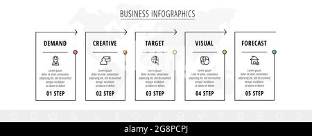 Line minimal infographics timeline with 5 steps rectangle elements. Chart process template with arrows. Modern vector for company or corporate busines Stock Vector