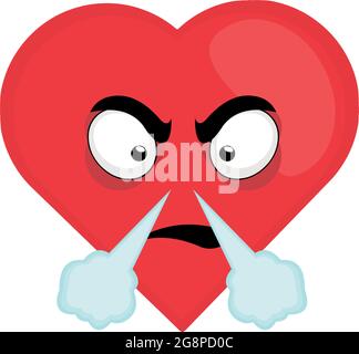 Vector illustration of a cartoon character emoticon in the shape of a heart with an angry expression and fuming Stock Vector